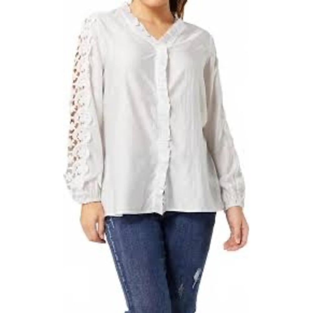 Coco & Carmen White Lace Sleeve V Neck Button Front Women's‎ Viscose Tencel Top